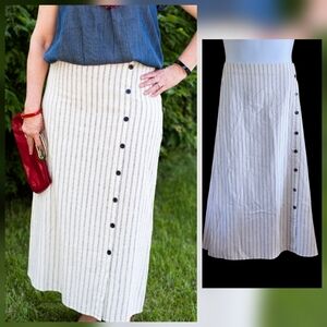 Christopher & Banks Striped Linen Blend Midi Skirt Button Accents Cream Black 12
